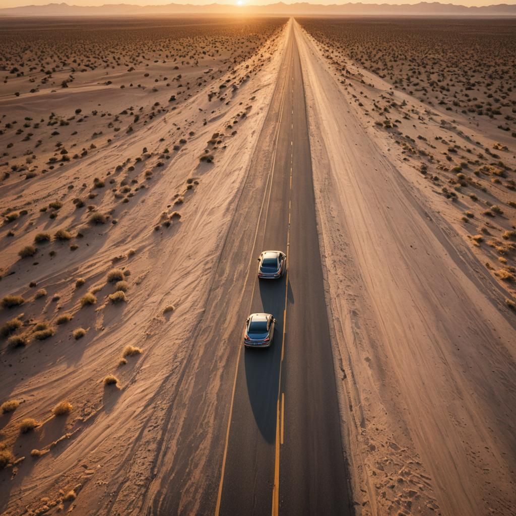 Desert Sunrise: Car on Endless Road