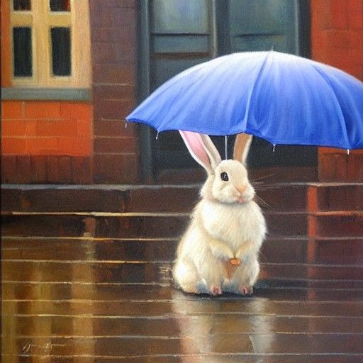 Bunny Rabbit with Umbrella in City, Oil Painting