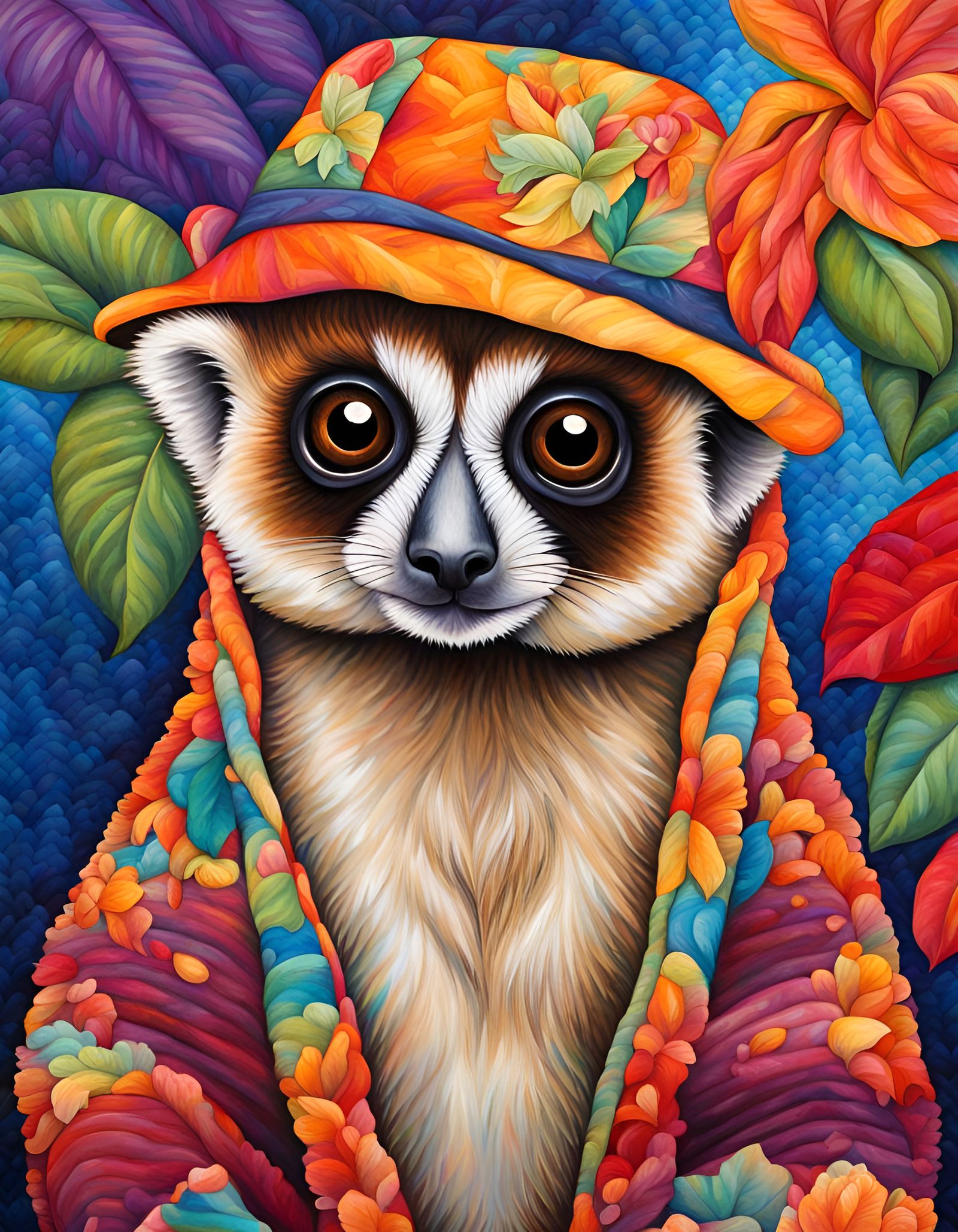 Slow Loris with Hat on Detailed Quilt