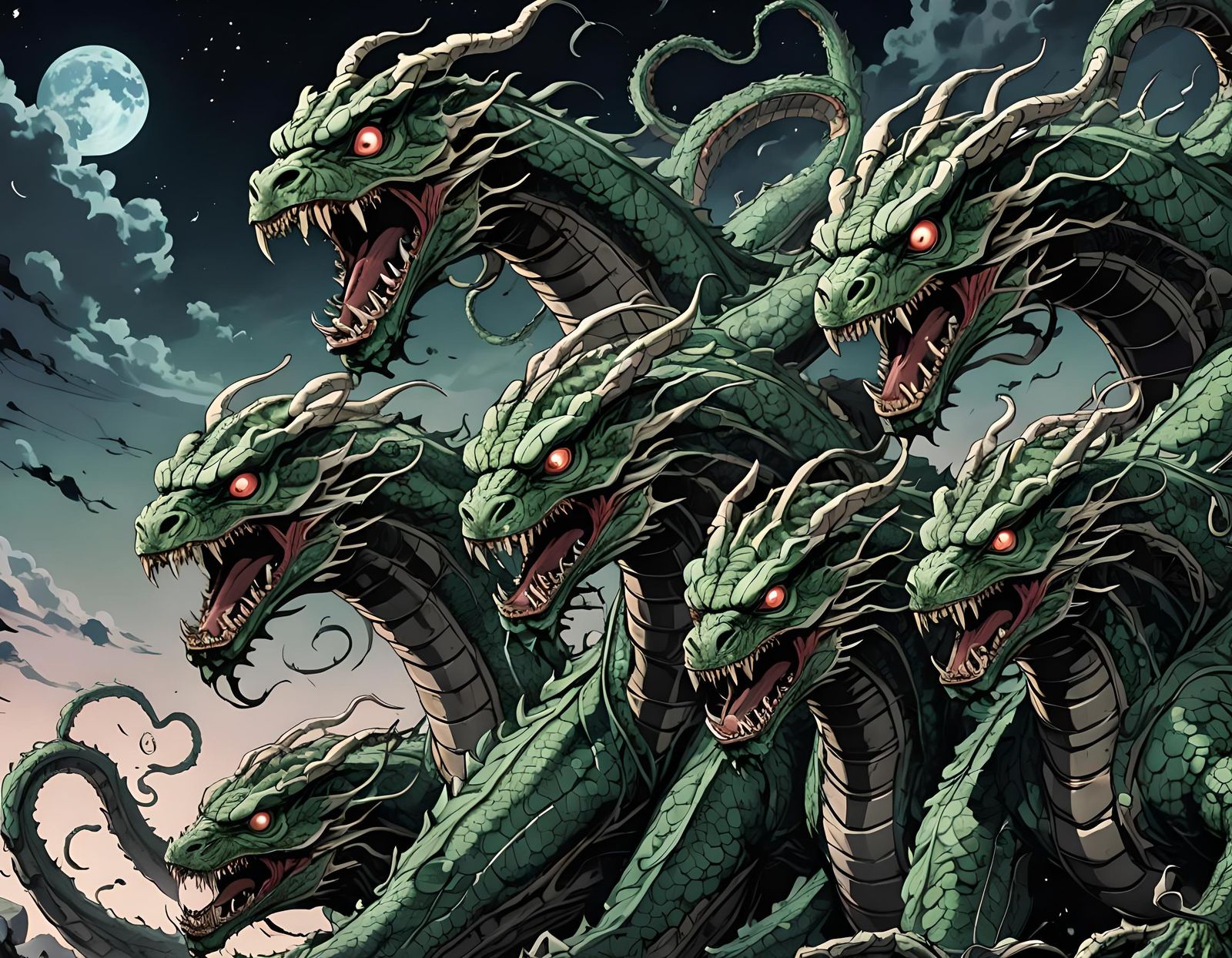 Undead Hydra on Lunar Surface in Anime Style