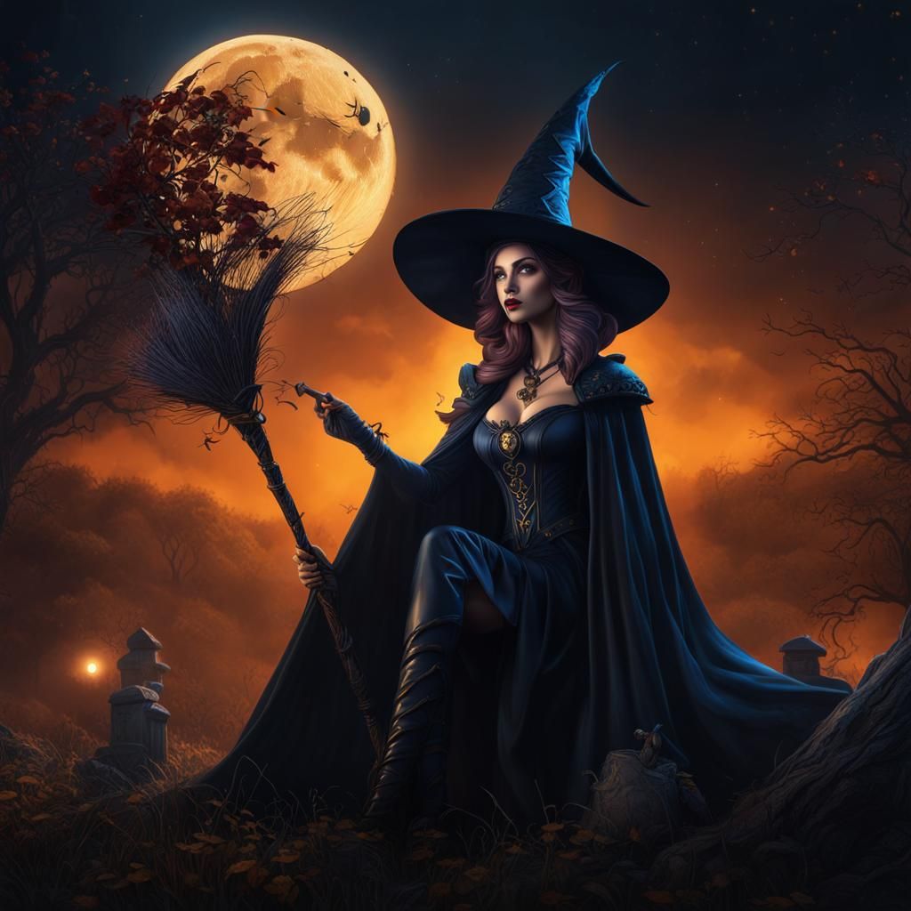 Fantasy Witch Under the Moon: Detailed Matte Painting