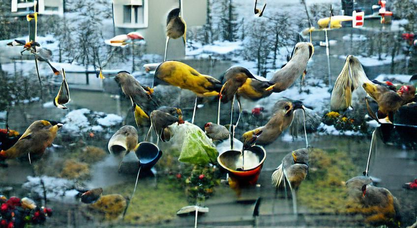 Winter Birds Feeding Outside Window