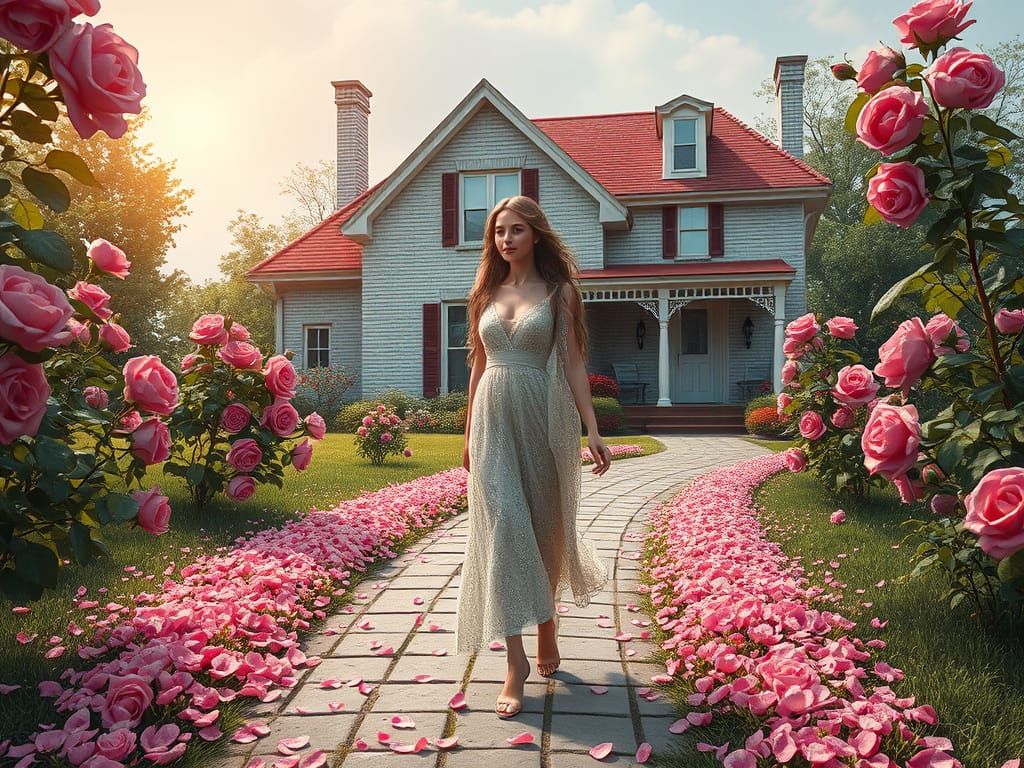 Woman in Rose Garden: Hyperrealistic Concept Art