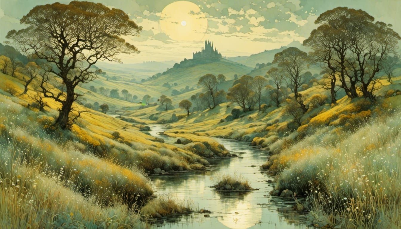 Whimsical River Valley Landscape in Dreamy Impressionist Sty...