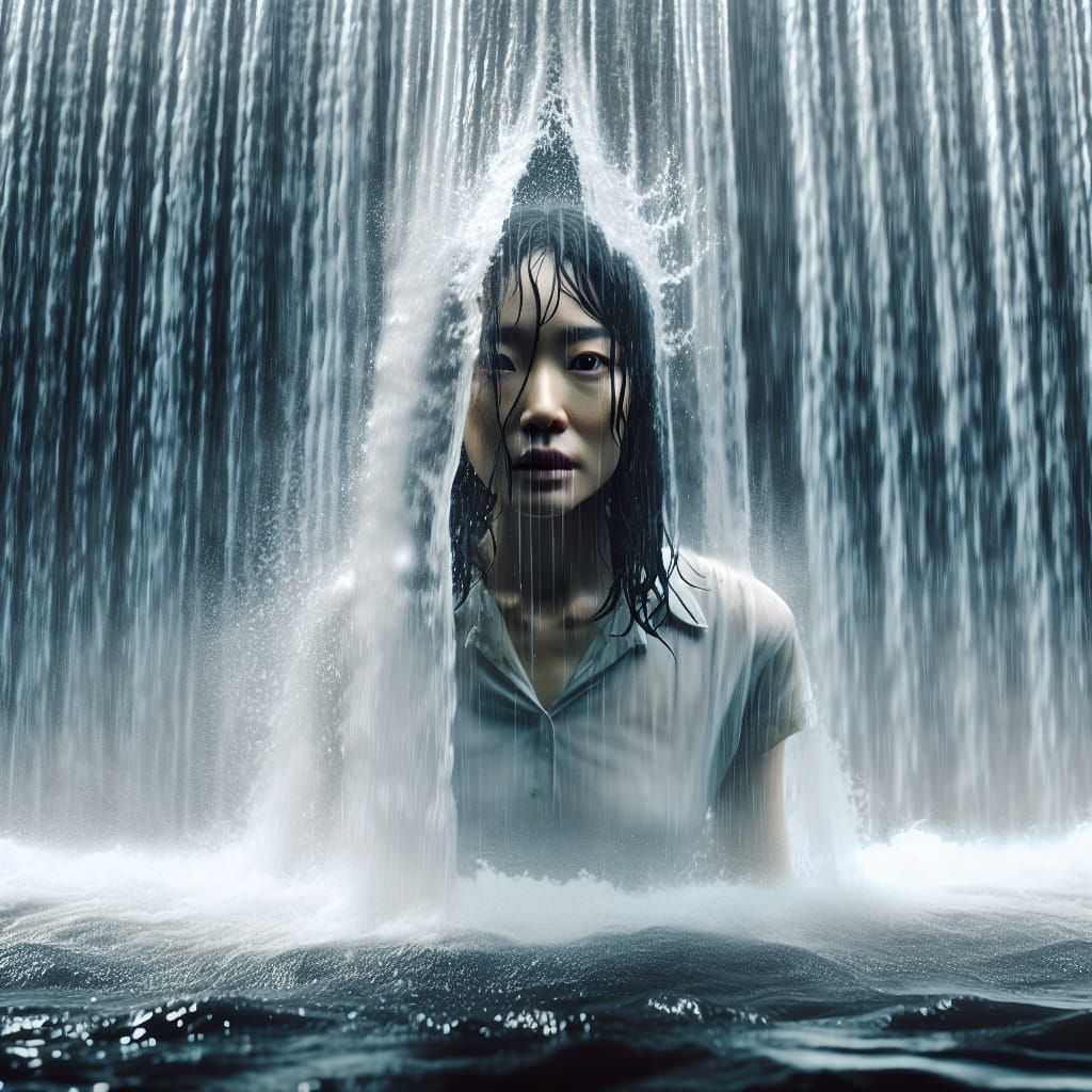 Dystopian Woman Emerges from Waterfall