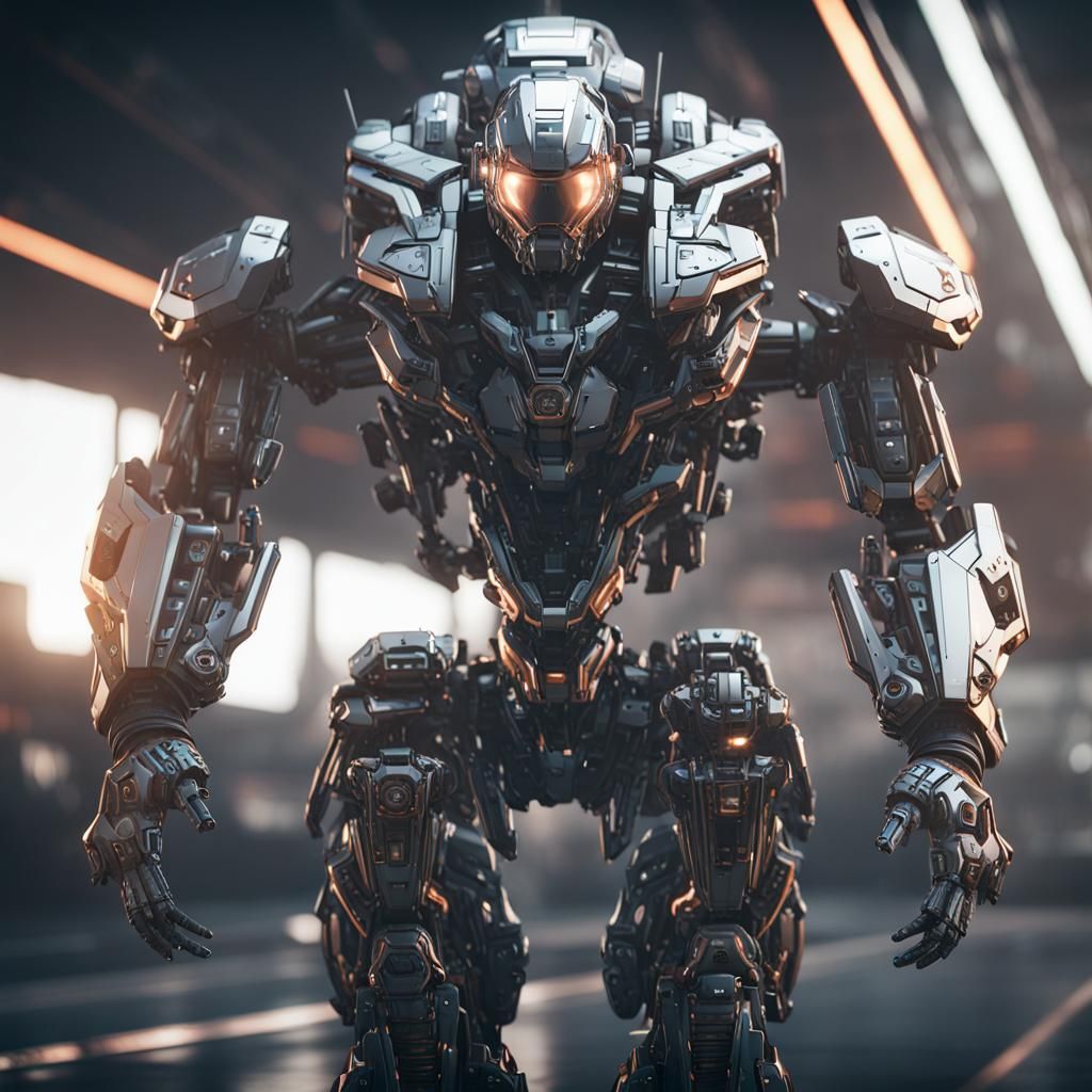 Man Driving Intricate Mech Suit in Sci-Fi City