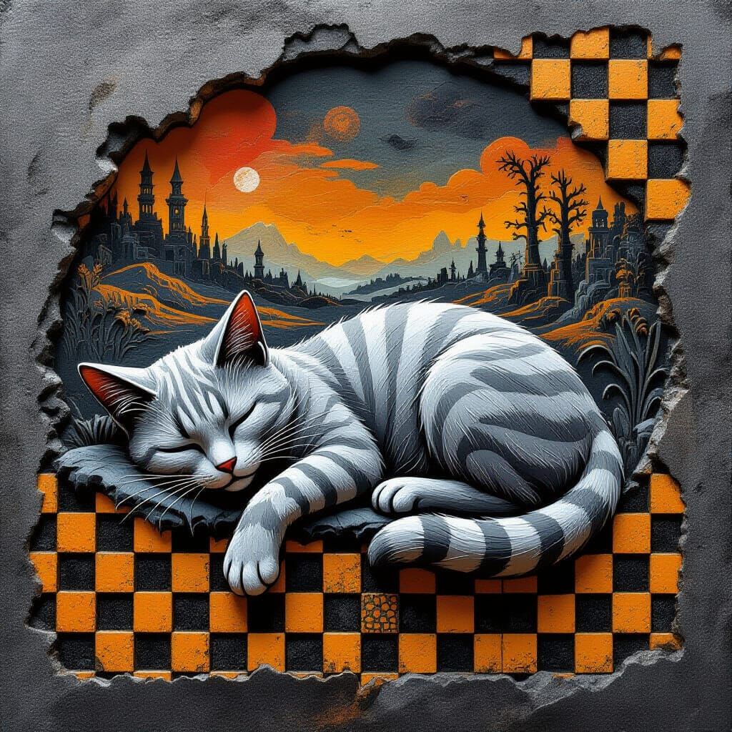 3D bas relief encaustic painting, mysterious, cat sleeping, ...