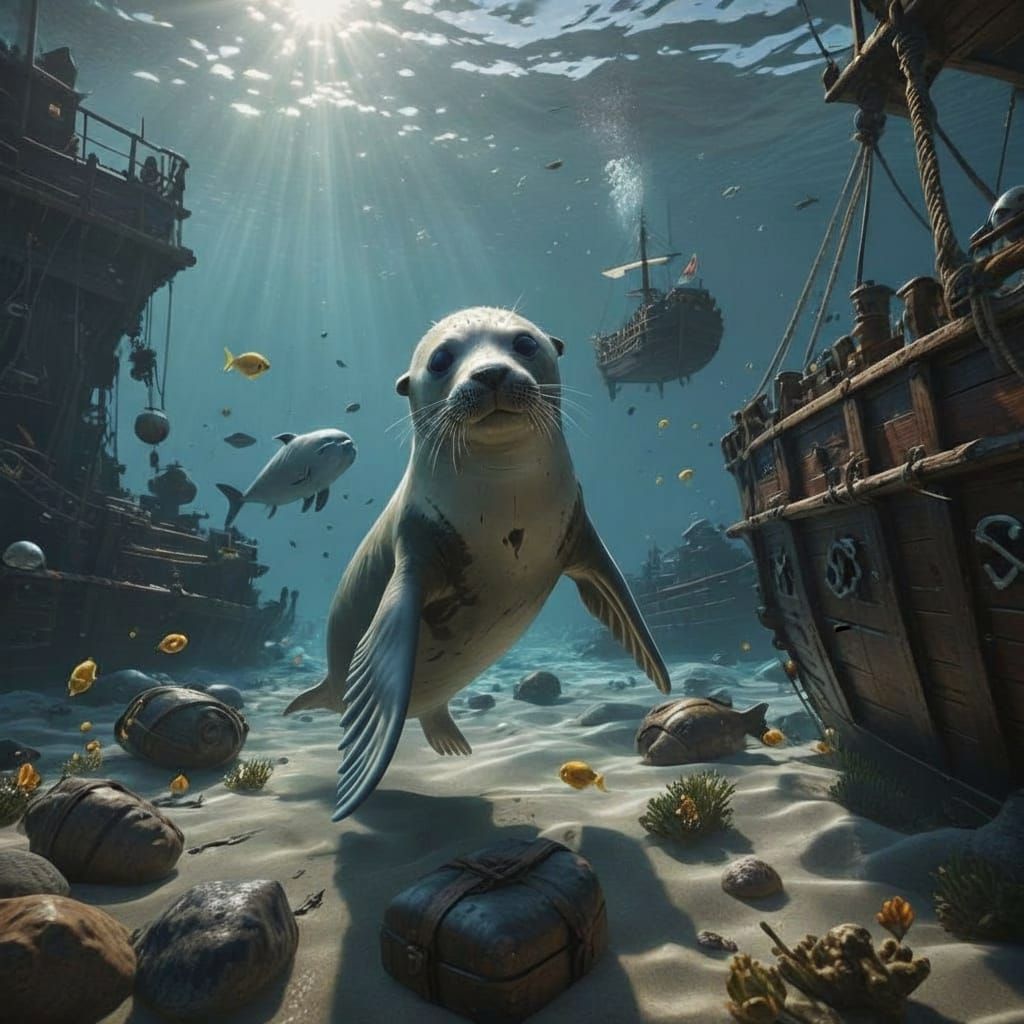 Baby Seals Play in Sunken Pirate Ship Graveyard