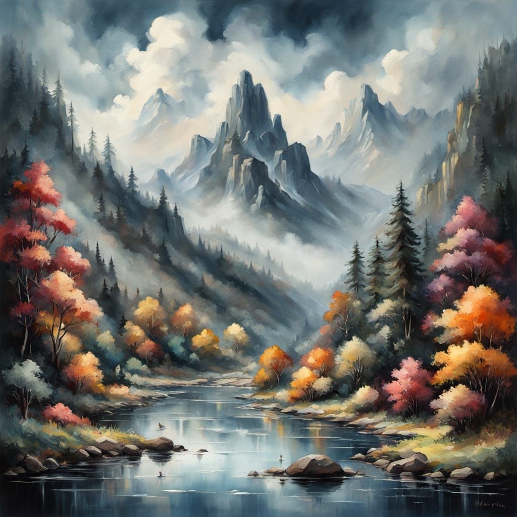 River with Trout: Ethereal Charcoal Fantasy in Gouache Style