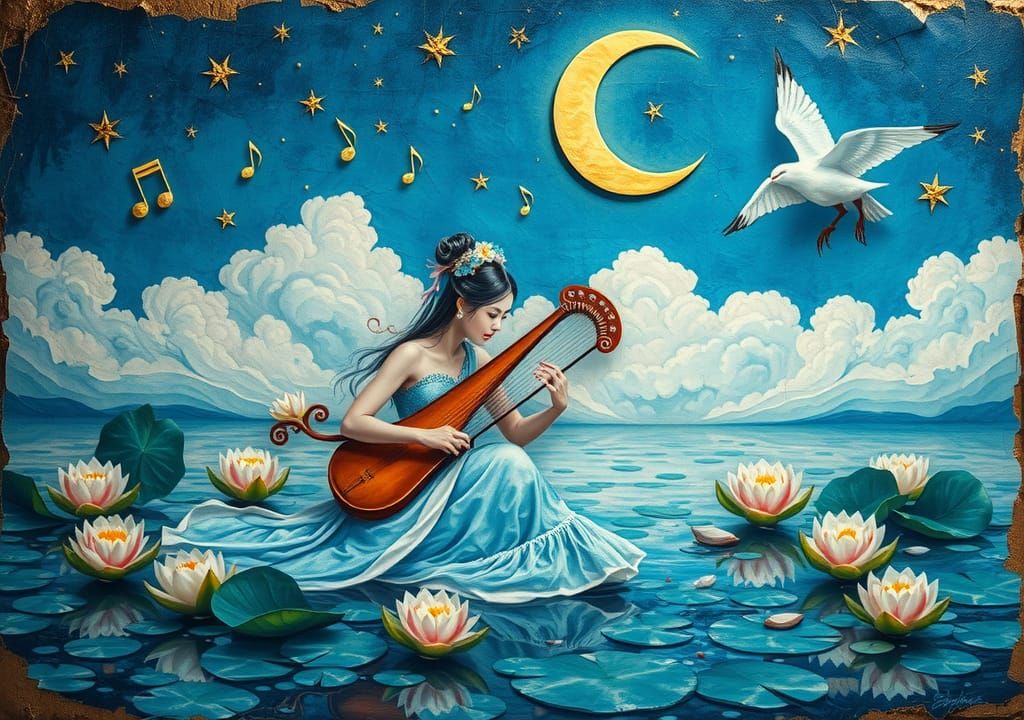 Surreal Chinese Woman Playing Harp in Lake, Embossed Oil Pai...