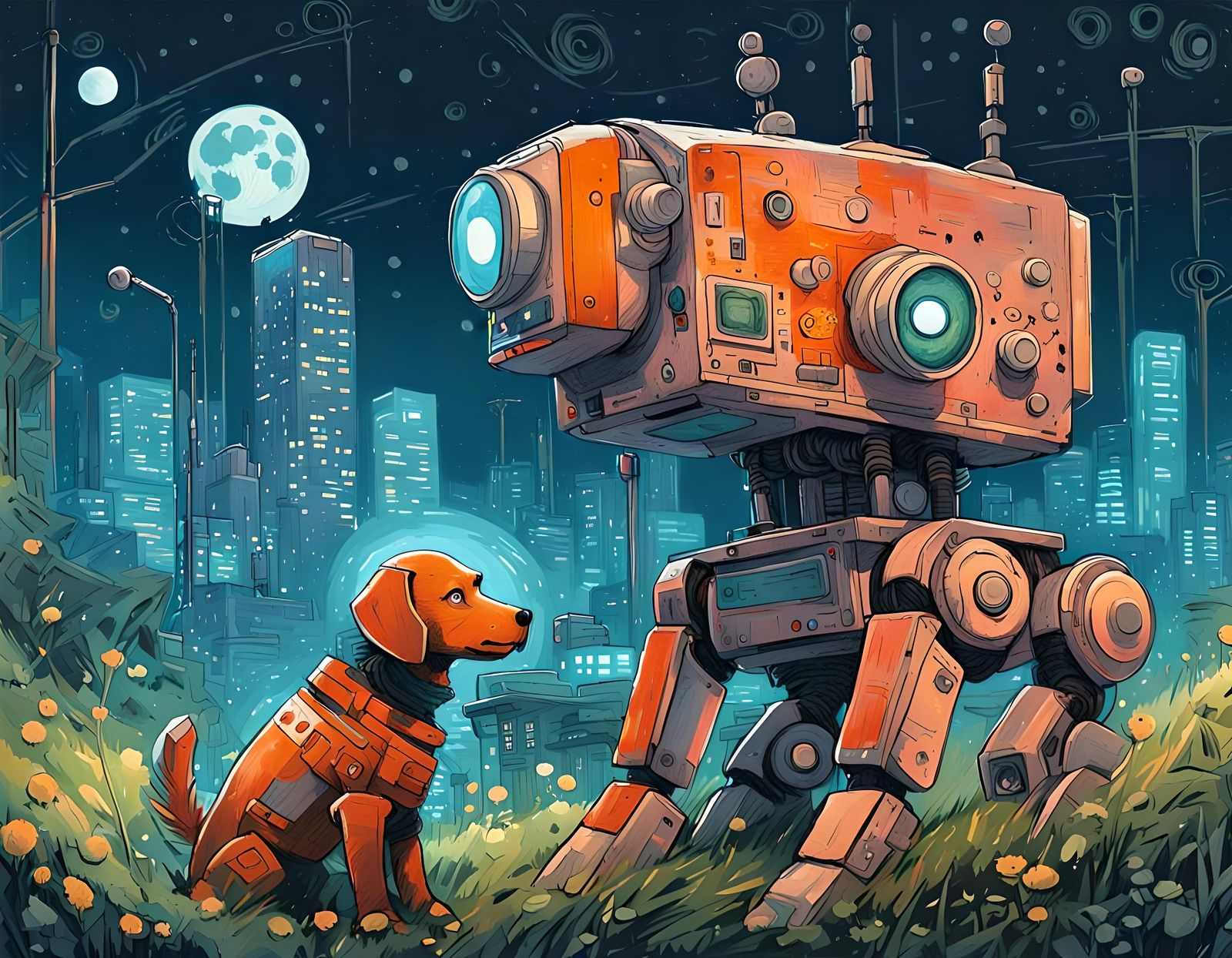 Robot Cradling Dog in Cyberpunk Vector Art