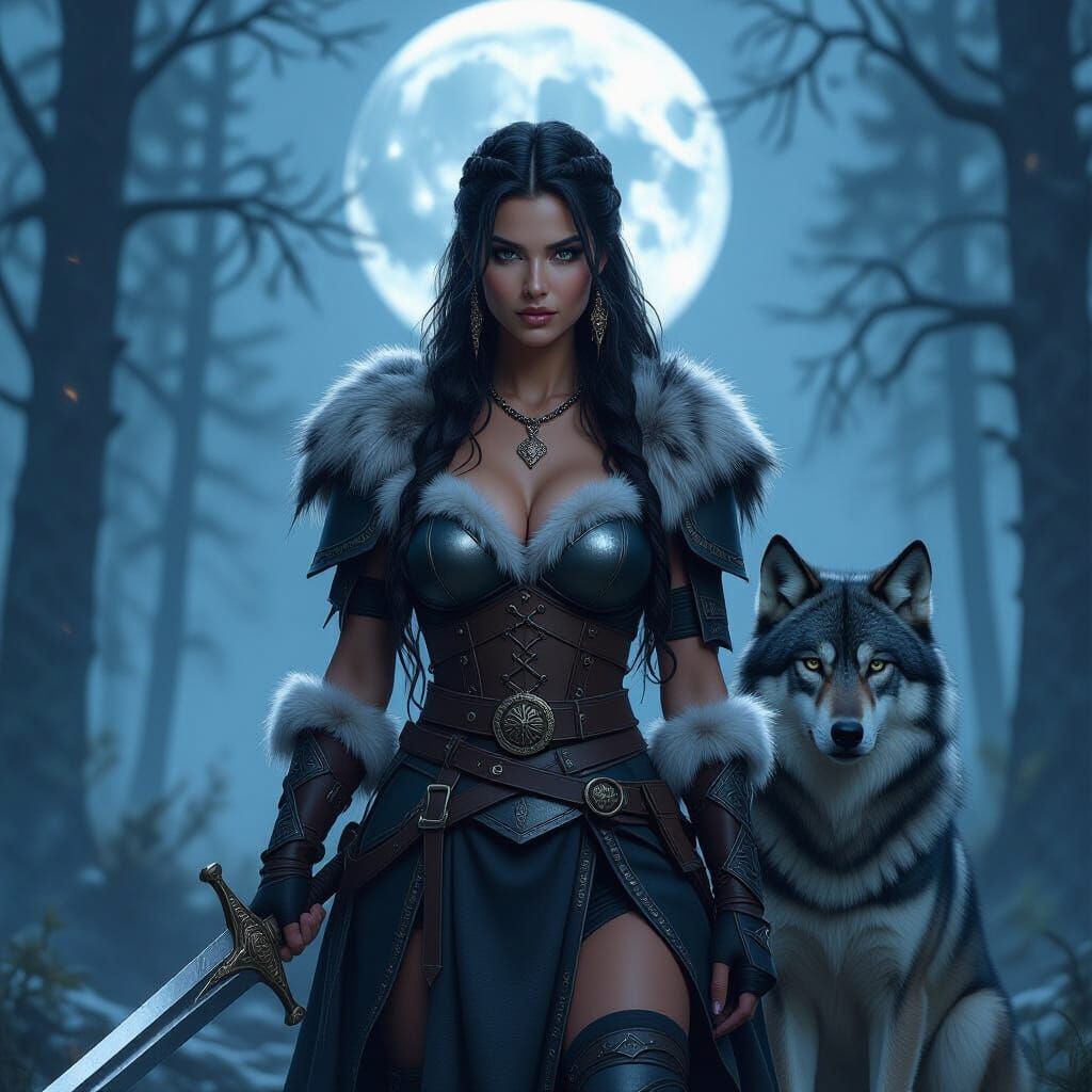Viking Warrior Woman With Wolf in Misty Forest