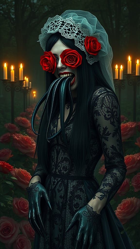 Elegant Victorian Lady in a Dark Night Rose Garden