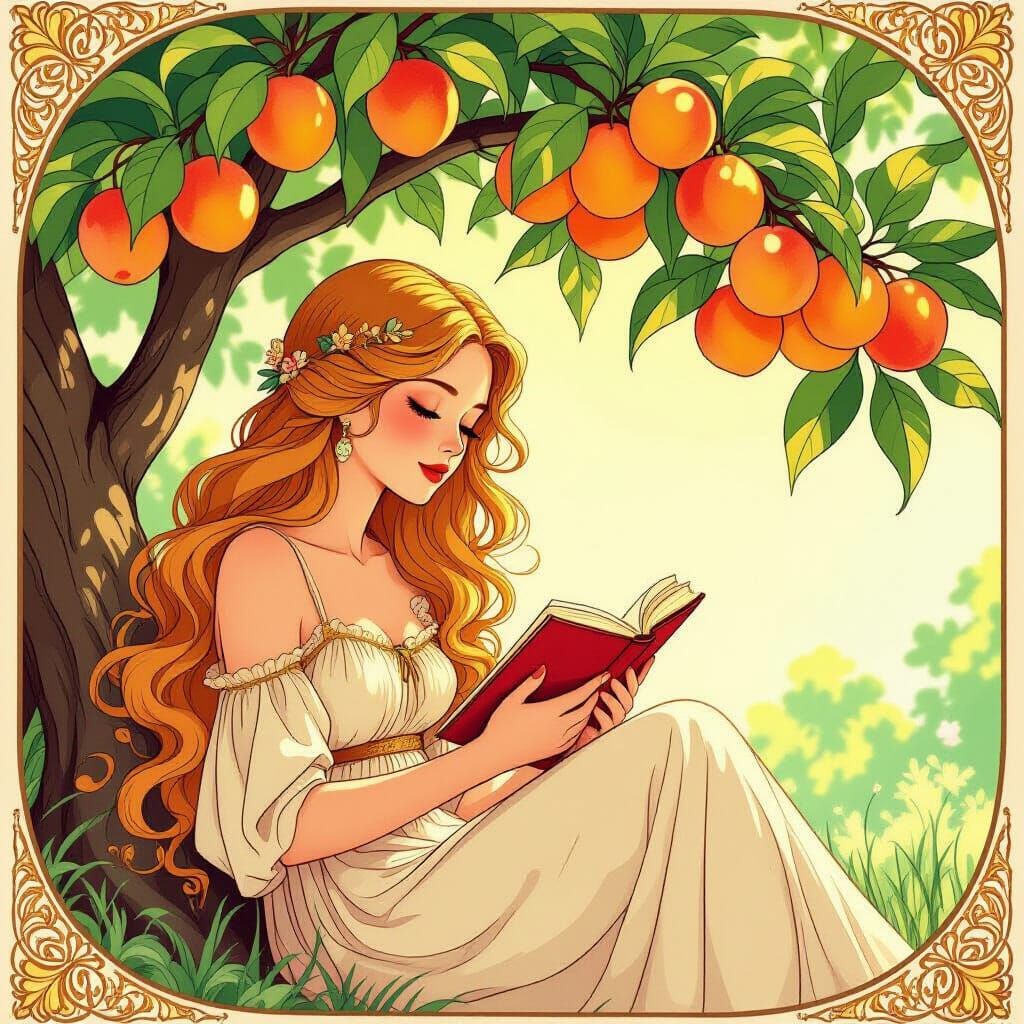 Art Nouveau Maiden Reading Under Peach Tree in Sunlight