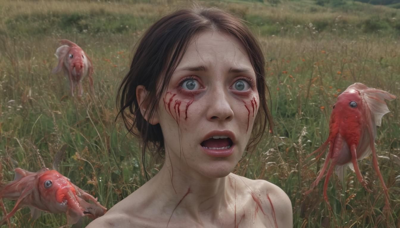 Uncanny Female Figure with Flying Monkfish