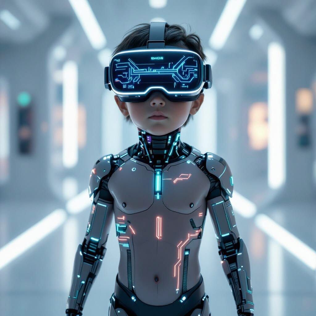 Futuristic Child with VR Glasses and Neural Circuits
