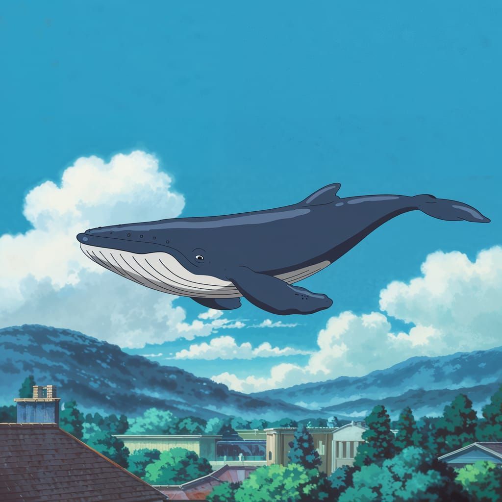 Whale Swimming in Sky: Studio Ghibli Anime Style