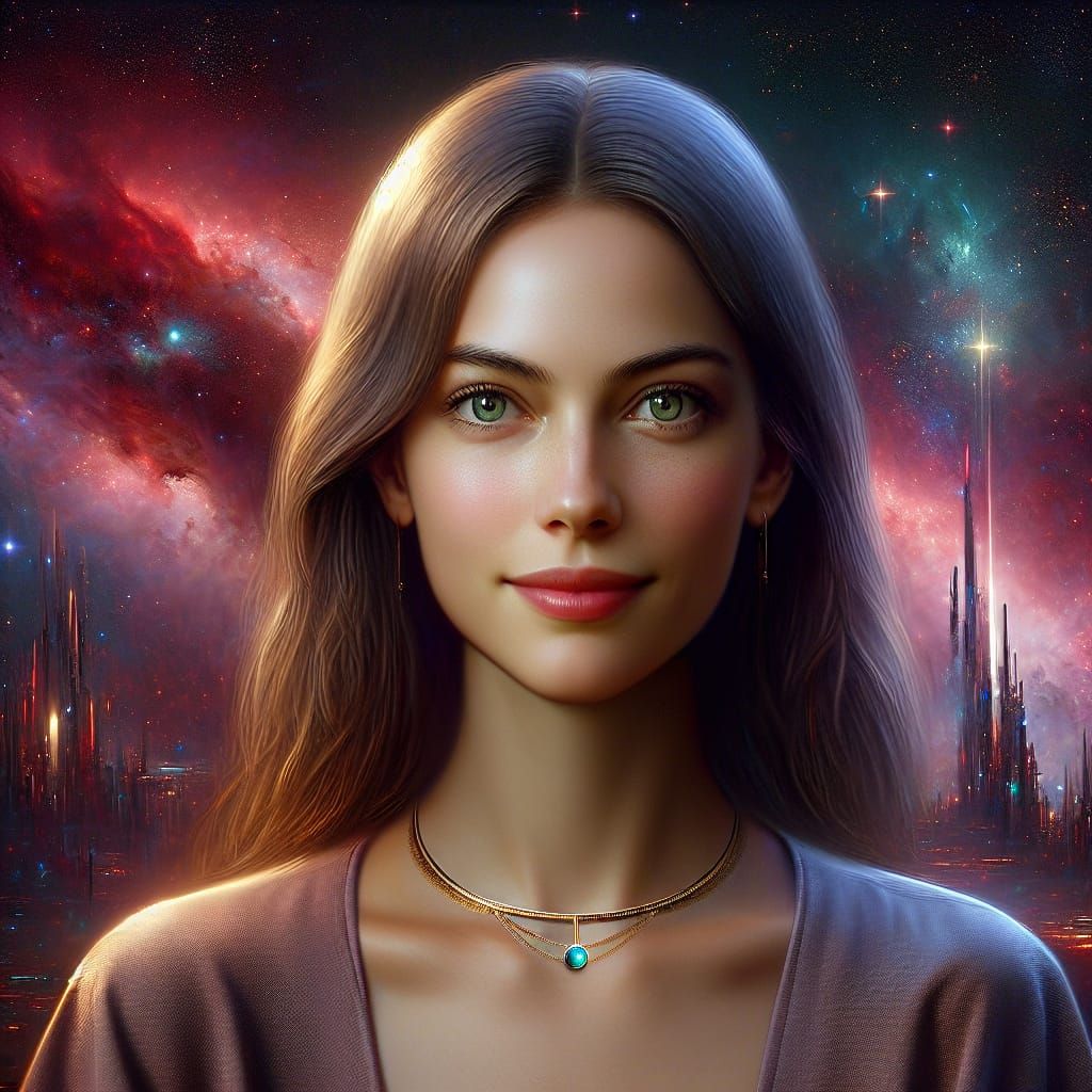 Photorealistic Lady in Sci-Fi Attire with Futuristic Citysca...