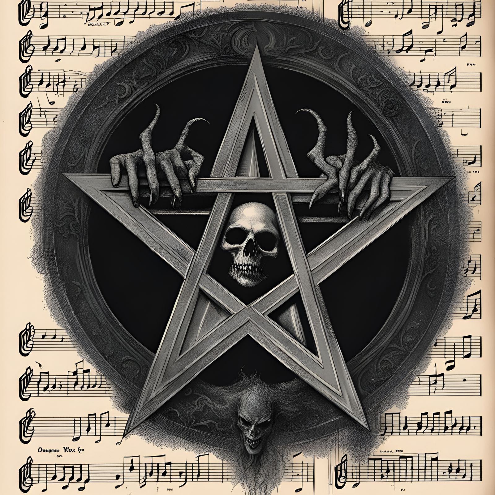 Demonic Sheet Music in Eerie Magazine Style