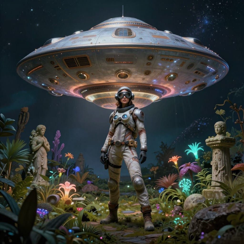 Astronaut Beside Steampunk Flying Saucer in Alien Garden