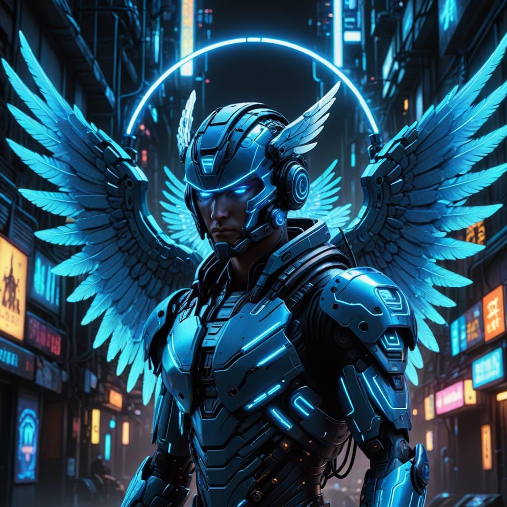 Cyberpunk Cherub with Cybernetic Wings