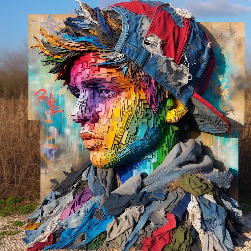 Gritty 3D Collage Sculpture of Youthful Figure