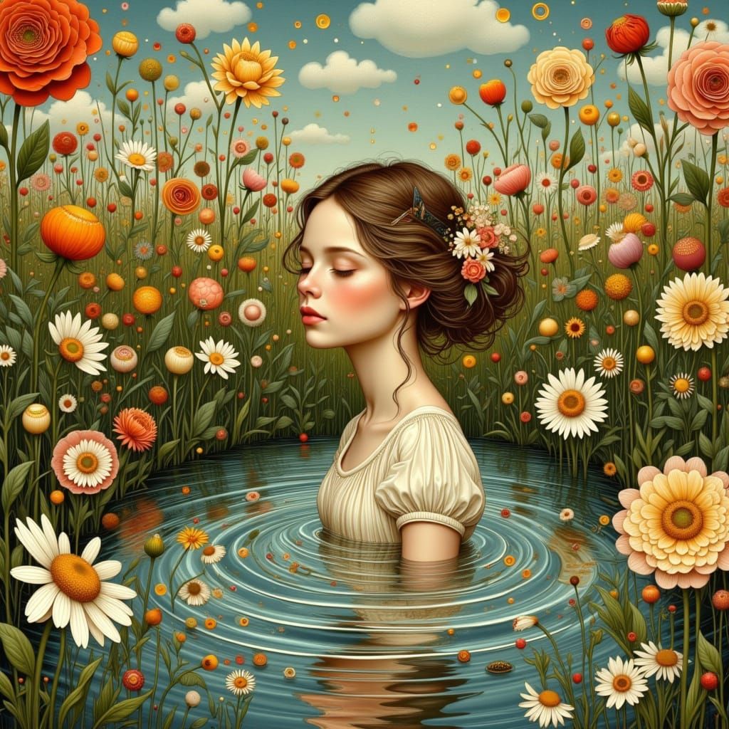 Girl in Floral Field with Bubbles, Photorealistic Art Nouvea...