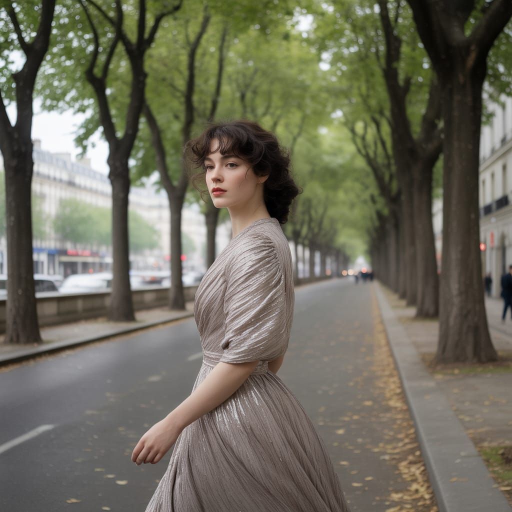 Parisian Lady in Dove-Grey Gown: Impressionistic Painting