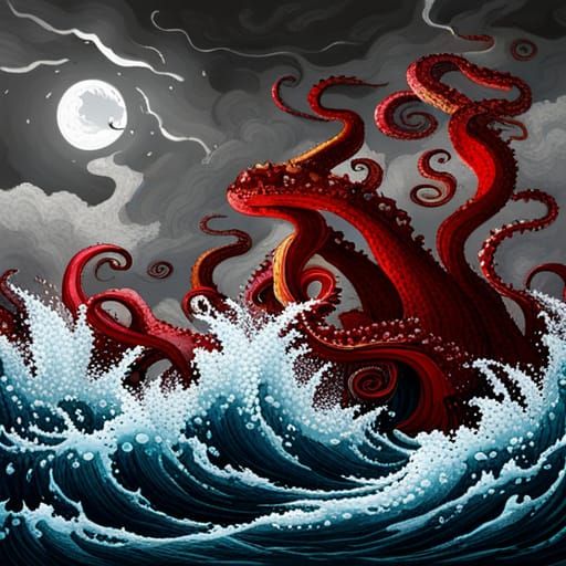 Giant Kraken Rises from Stormy Sea, Ink Drawing