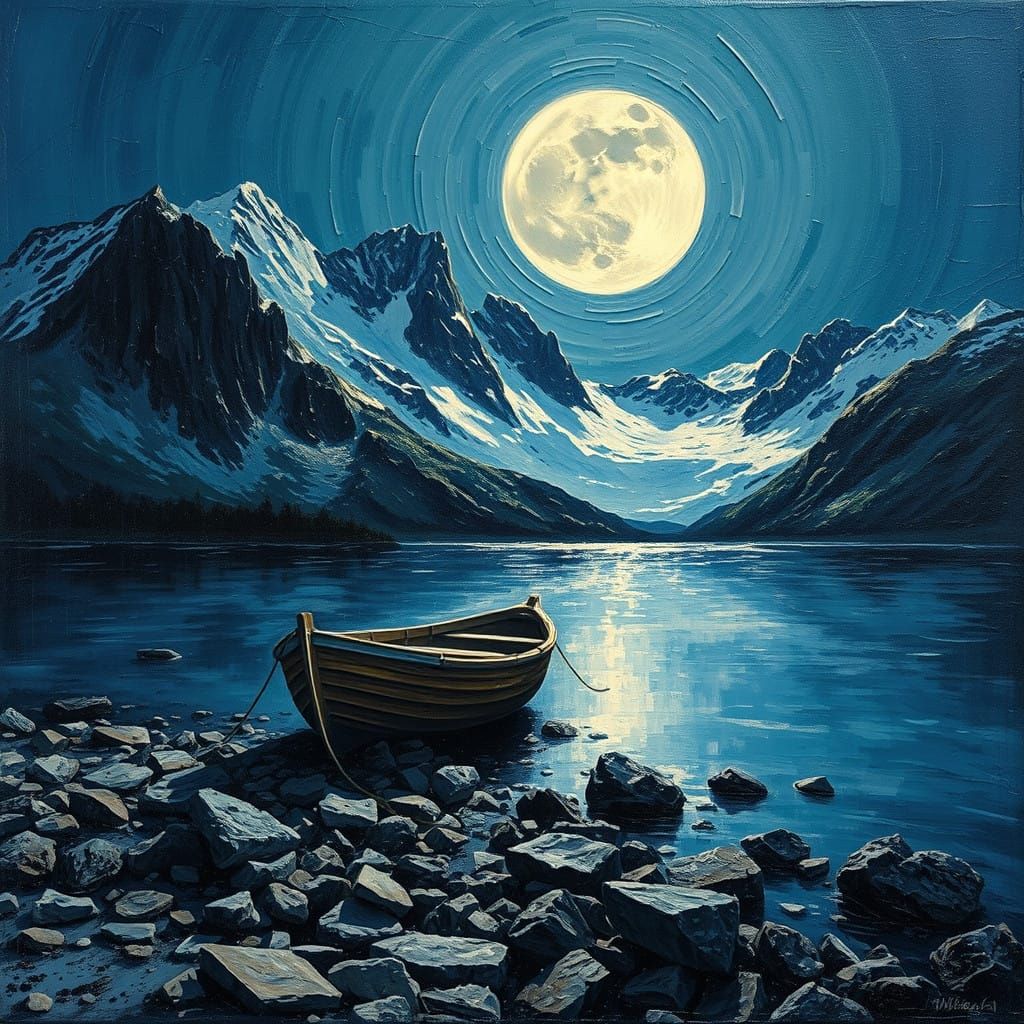 Serene Moonlit Lake Landscape in Impasto Oil Painting