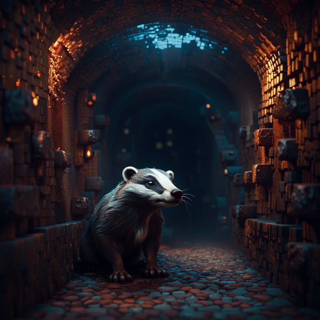 Badger in Mosaic Catacombs: 3D Cinematic Art