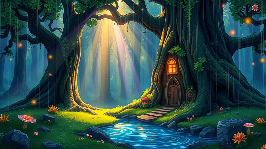 Whimsical Ancient Forest in Vibrant Ghibli Style