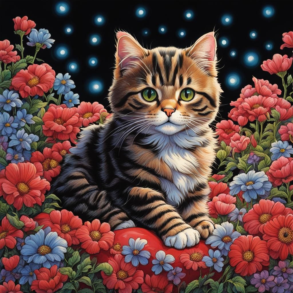 Cat on Pillow Surrounded by Flowers, Comic Book Style