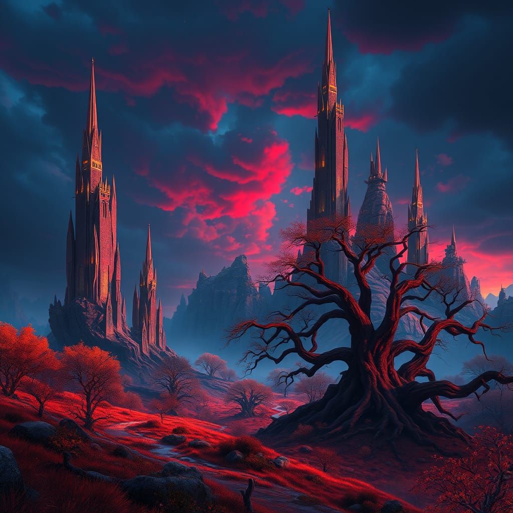 Glowing Spires in an Alien Landscape, Digital Art