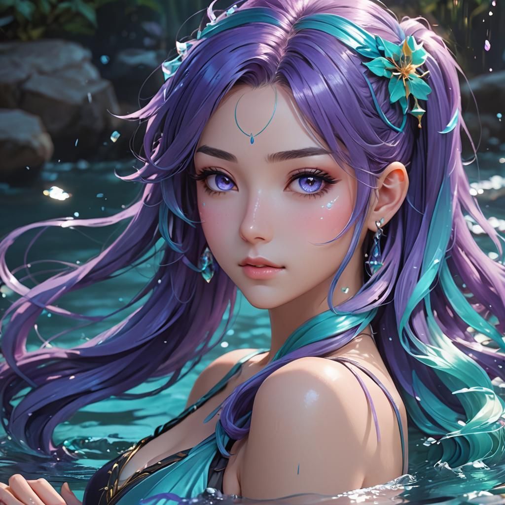Anime Girl with Water Body and Purple Hair