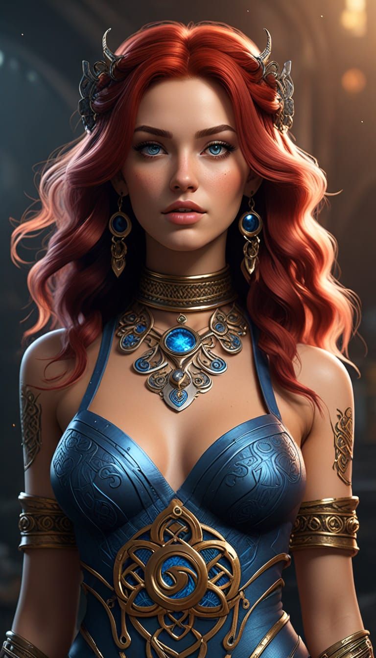 Mystical Celtic Goddess in Vibrant Gold and Blue Attire