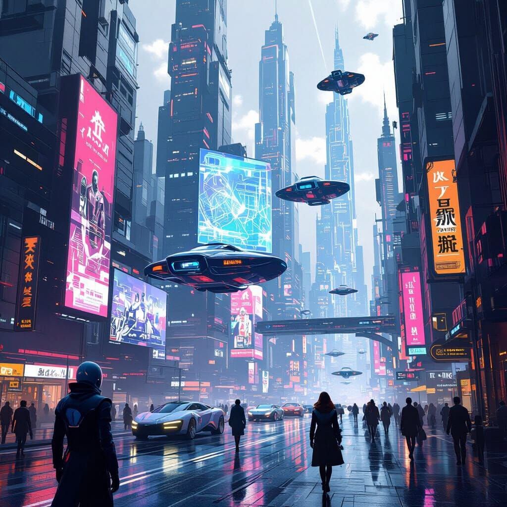 Futuristic Cityscape with Holographic Ads in Matte Painting ...