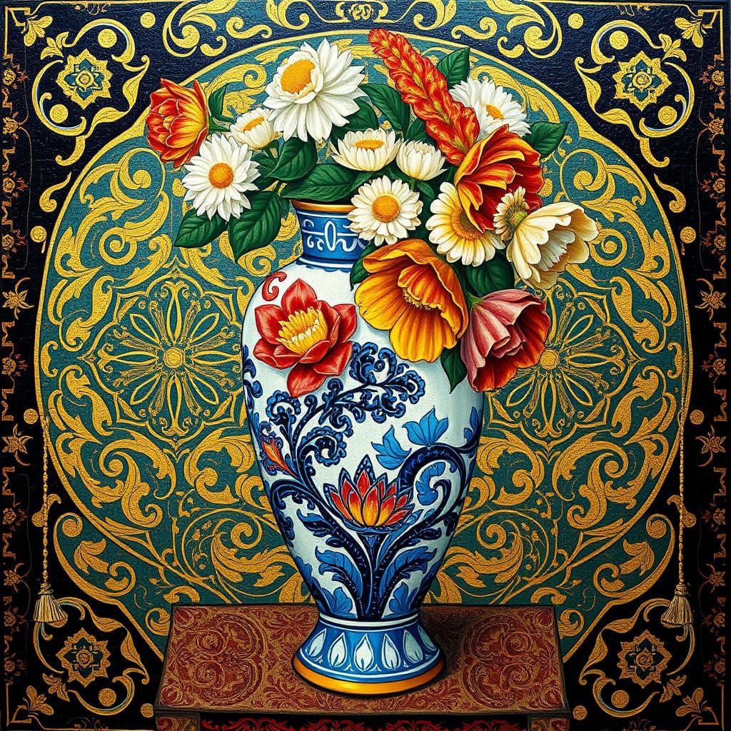 Klimt-Inspired Delft Vase with Gold Leaf