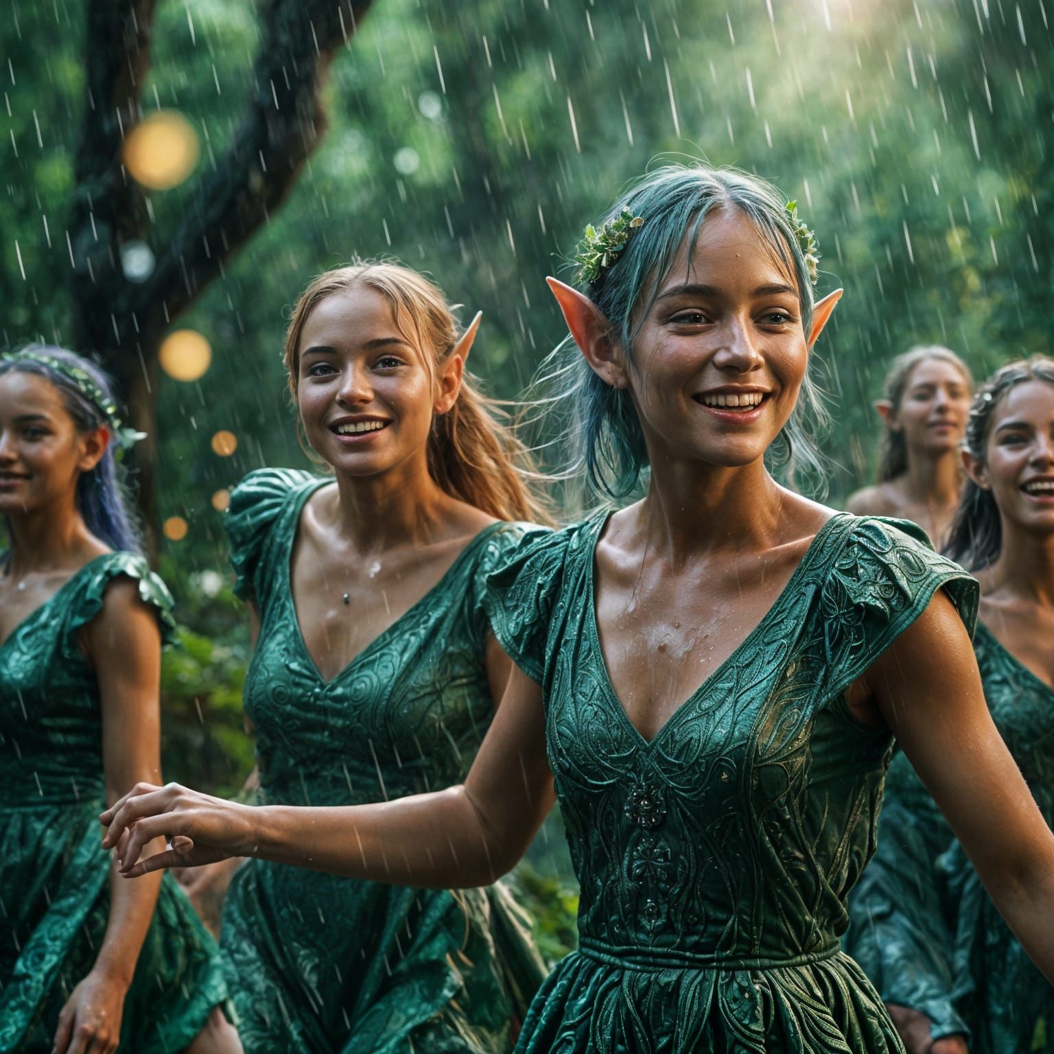 Elves Dancing in the Rain: Hyperrealistic Photorealistic Ima...