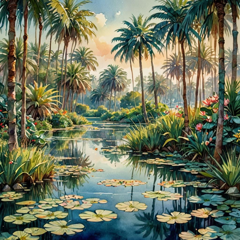 Elven Beach Lagoon in Watercolor Fantasy Style