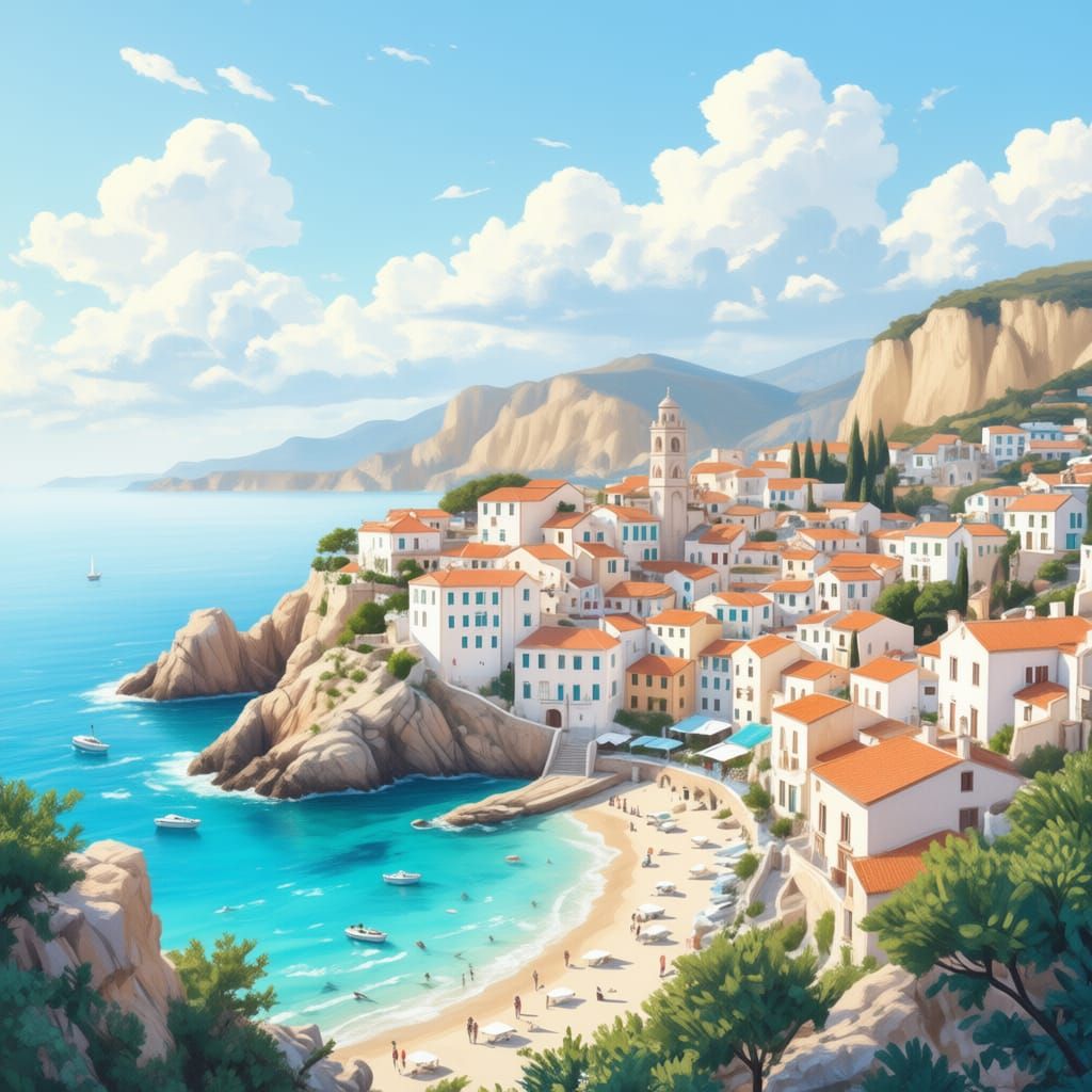 Mediterranean Coastal Village Digital Art