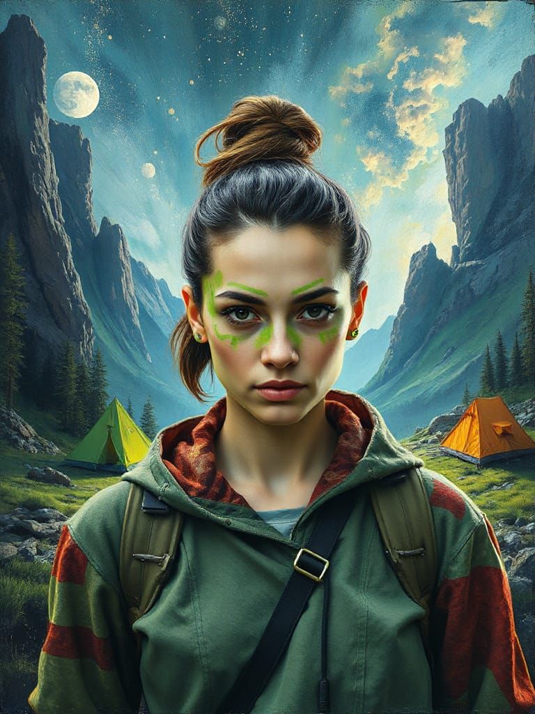 Lady in Cyberpunk Medieval Camping Scene, Impasto Oil Painti...