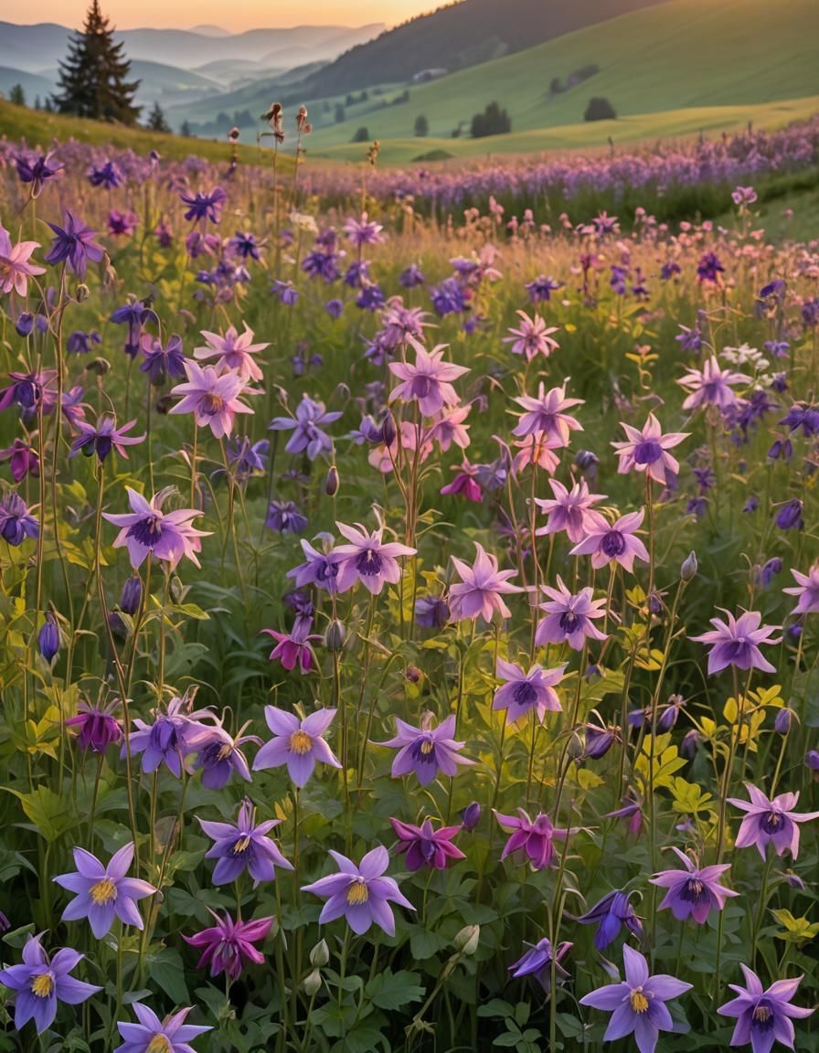 Columbine Flower Meadow at Golden Hour