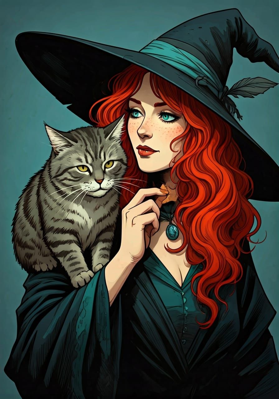 Red-Haired Witch Portrait with Cat, Graphic Novel Art