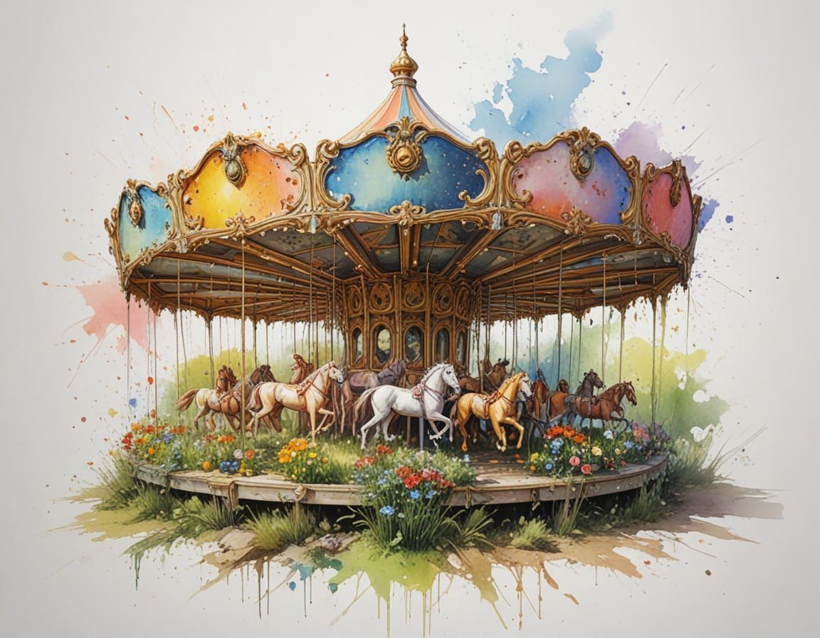 Fairytale Forest Rainbow Over Abandoned Carousel