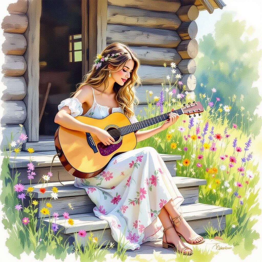 Woman Plays Guitar: Dreamy Watercolour Summer Cabin