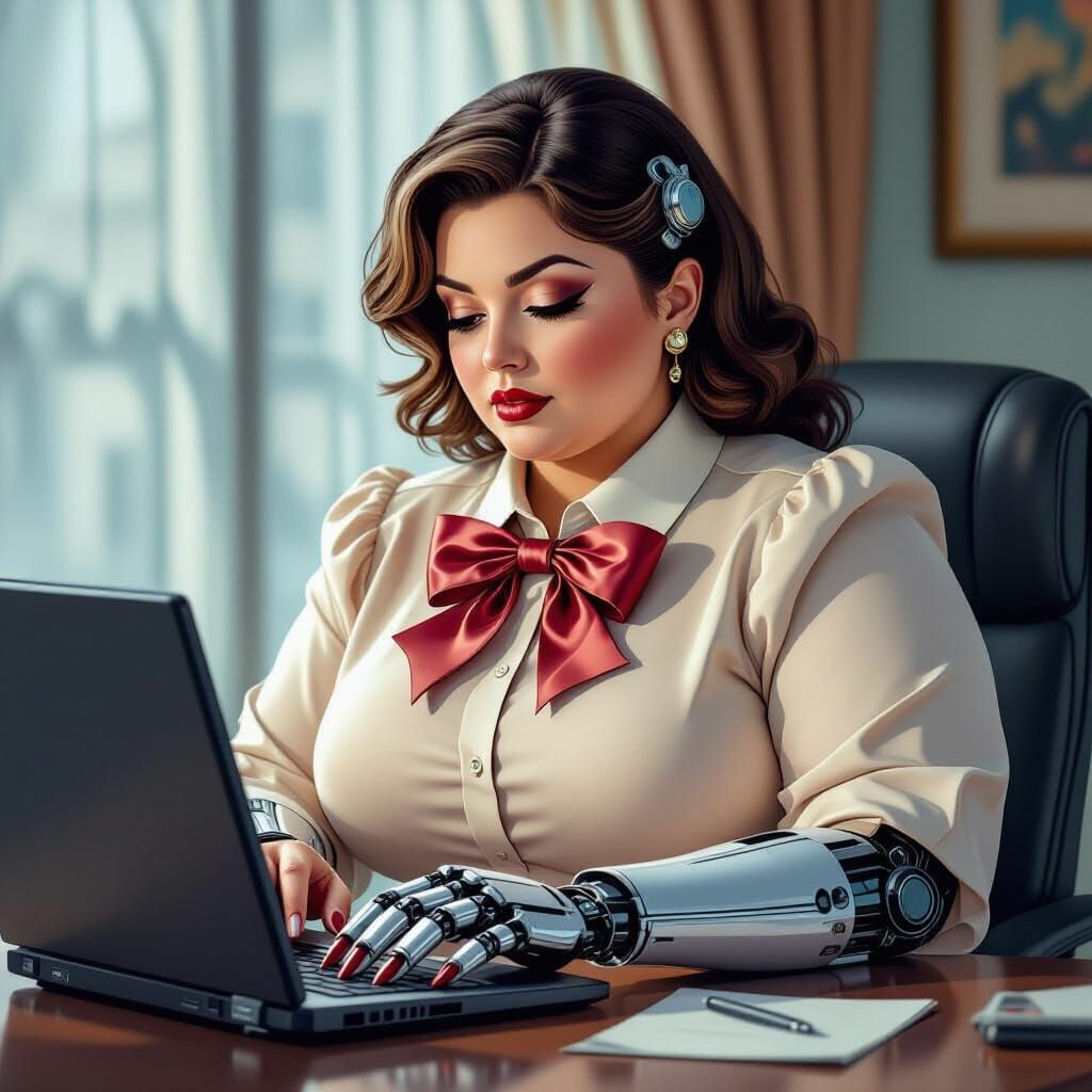 Secretary Typing on Retro Laptop in Digital Painting Style