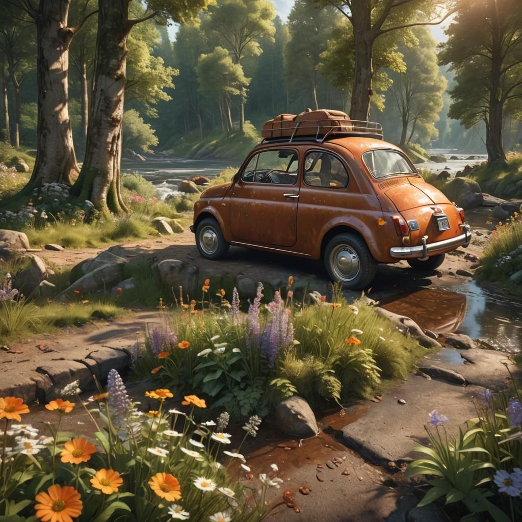 Restored Fiat 500 on Curvy Road: Hyper-Realistic Concept Art