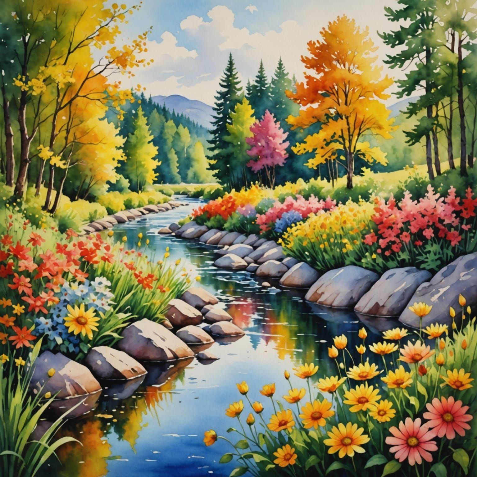 Vibrant Watercolor River Landscape with Blooming Wildflowers
