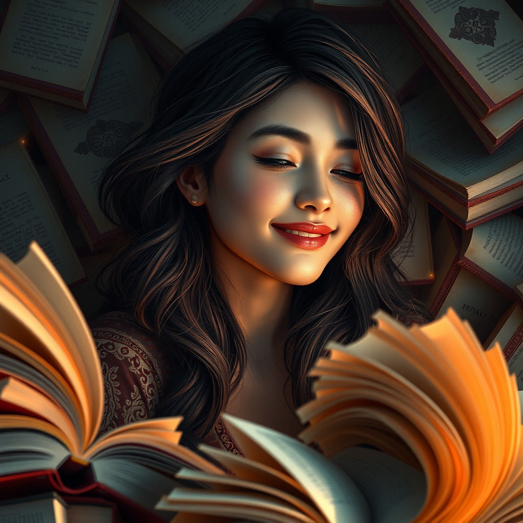 Smiling Woman Surrounded by Books: Detailed Concept Art